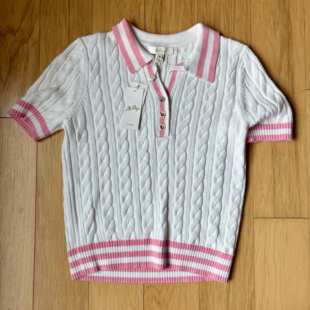NWT Lilly Pulitzer M Suzette Cable Knit Sweater Top White Pink Golf Tennis $138